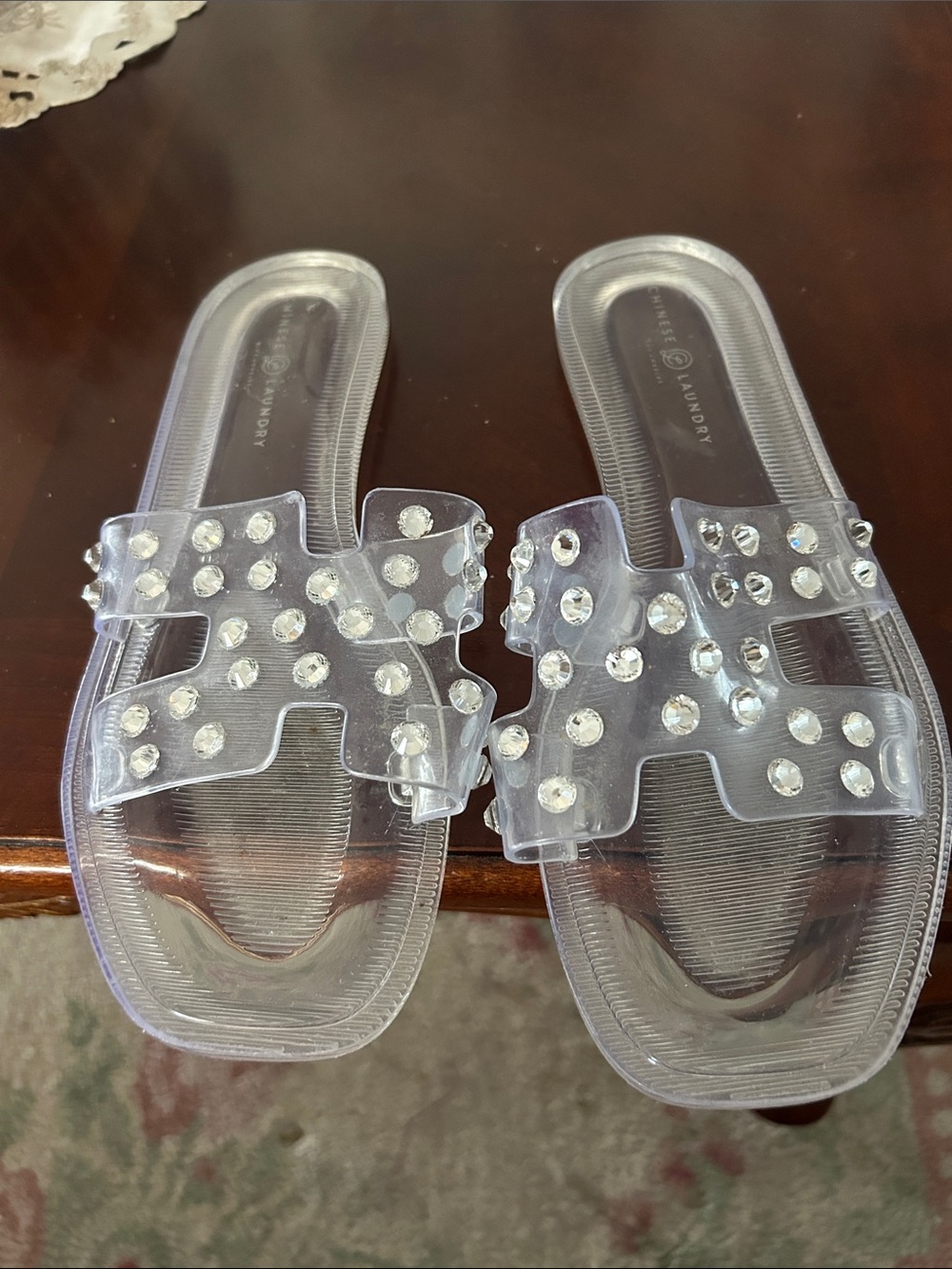 Chinese Laundry Clear Slide Sandals with Rhinestone Accents - Women